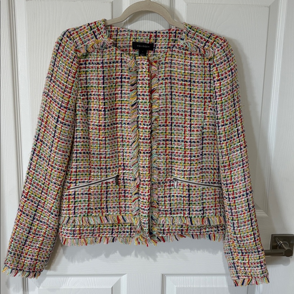 Halogen Multicolor Tweed Fringe Trim Jacket